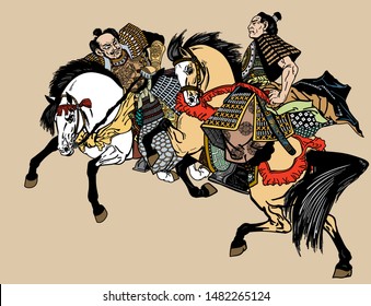 two Japanese Samurai horsemen sitting on horseback and wearing medieval leather armor. East Asia warriors riding pony horses in the gallop. Graphic style vector illustration