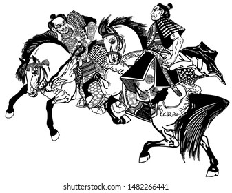 two Japanese Samurai horsemen sitting on horseback and wearing medieval armor. East Asia warriors riding pony horses in the gallop. Black and white graphic style vector illustration