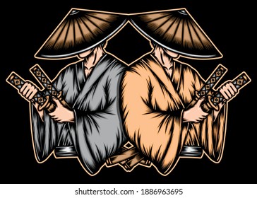 Two japanese samurai. Premium vector