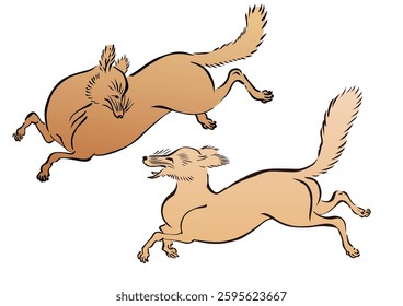 
Two Japanese style running foxes