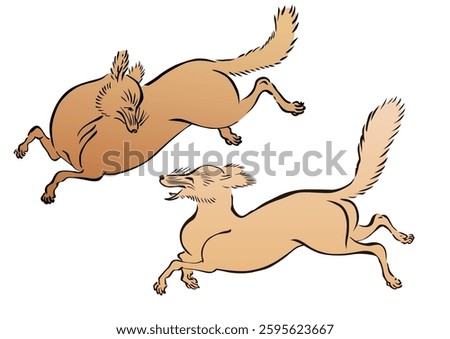 
Two Japanese style running foxes