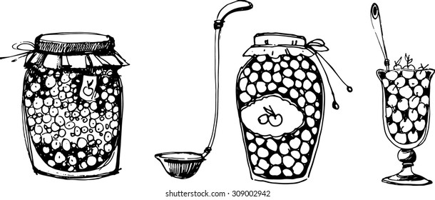 Two jars of berry jam, berries in a parfait glas with spoon, ladle, vector