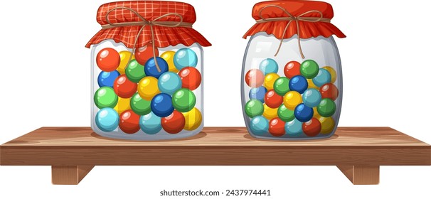 Two jars filled with multicolored candies on shelf