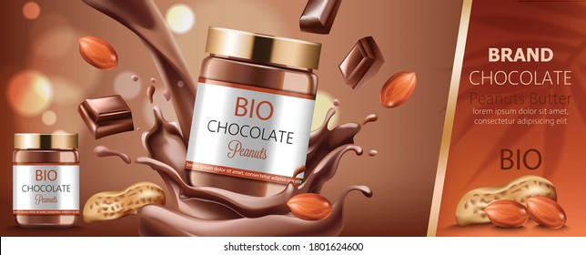 Two jars filled with peanut chocolate surrounded by nuts and splashes. Bio. With place for text. Realistic. 3D Mockup Vector