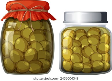 Two jars full of green olives, one sealed with fabric