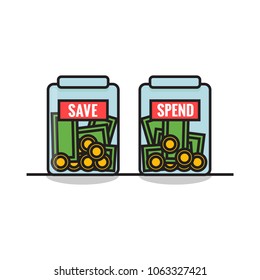 Two Jars Full of Money with Save and Spend Written on Them 