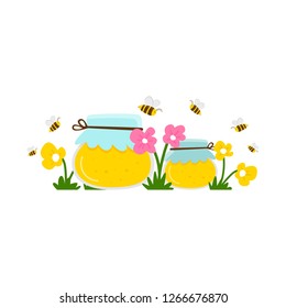 Two jars of honey in a flowering meadow, bees flying around. White background. Cartoon vector.