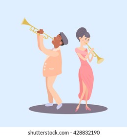 Two jazz trumpeters - african american man and woman. Vector illustration of trumpet players isolated on white.  Music performance. Artistic jazz trumpeter. Musician woman blowing in trumpet.