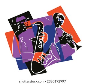 Two jazzmen, Jazz theme, trumpet player and saxophonist. 
Expressive Illustration of two jazz musicians, continuous line drawing design. Isolated on white background. Vector available.