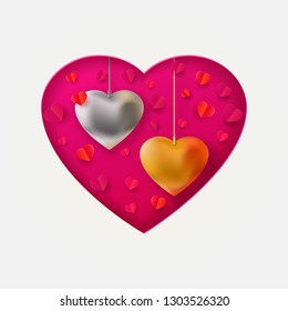 Two jelivery silver and golden hearts in layered paper art cut out heart. Valentines day background with origami hearts. Vector illustration. Ideal for flyer, invitations, banners, greeting cards.