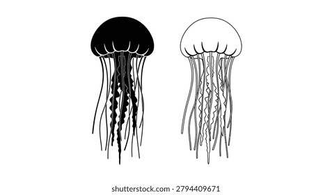 Two Jellyfish Illustrations In Black And White Silhouette