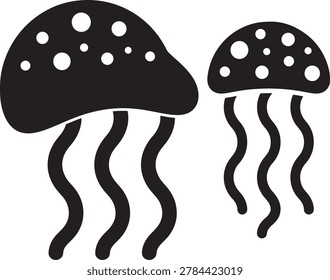 Two jellyfish silhouettes with wavy tentacles. Sea creature illustration.