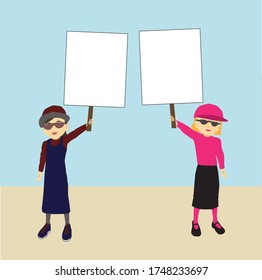 Two Jewish girls observant Orthodox modest demonstration stand out and lifting blank signs. Flat vector drawing.