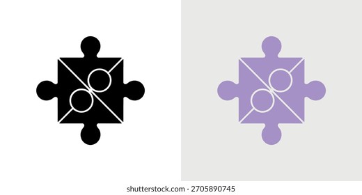 Dos iconos de rompecabezas con líneas blancas y dos círculos blancos sobre un fondo brillante, uno está en negro y el otro es de color lila.