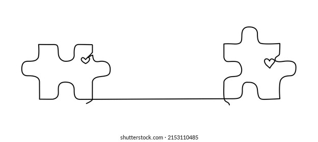 Two jigsaw puzzle pieces connected with one line and a heart. Continuous line drawing for relationship concept or dating app. Minimalist vector illustration for couple anniversary, marriage therapy