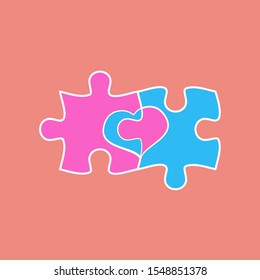 Two jigsaw puzzle pieces with heart shape between them. Two halves of the whole. Love, medical, relationship symbol. Valentine's concept. Vector Illustration.