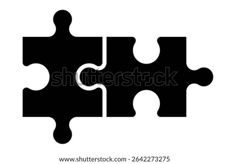 Two jigsaw puzzle pieces vector icon. Connection, solution, teamwork, partnership, problem solving concept. Black silhouette isolated on white background.