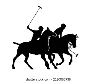 two jockeys holding mallets and riding running polo pony horse - horseback sportsmen black and white vector silhouette design