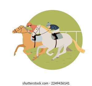 Two jockeys and horses compete on the finish line, flat vector illustration