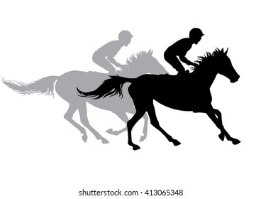 Two jockeys riding on horseback. Horse races. Competition. Silhouettes on a white background.