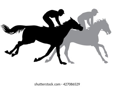 Two jockeys riding on horseback. Horse races. Competition. Silhouettes on a white background.