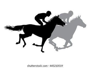 Two jockeys riding on horseback. Horse races. Competition. Silhouettes on a white background.