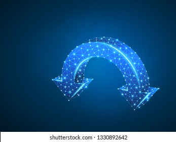 Two joined arrows pointing down symbol. Wireframe digital 3d illustration. Low poly download, downtrend button concept on blue background. Abstract Vector polygonal neon sign. RGB color mode