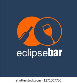 Two joined circle describing eclipse phenomenon with silhouette of wine bottle and glass with simple typography isolated on dark background. Company logo, marketing material, community symbol