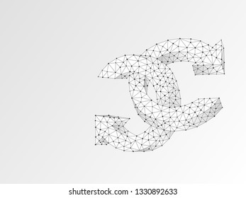 Two joined Refresh circular arrows symbol. Wireframe digital 3d illustration. Low poly, repeat, refresh button concept on white background. Abstract Vector polygonal origami style sign. RGB color mode