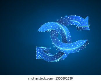 Two joined Refresh circular arrows symbol. Wireframe digital 3d illustration. Low poly, repeat, refresh button concept on blue background. Abstract Vector polygonal neon sign. RGB color mode