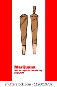 Two joints or spliffs with marijuana on the Canadian flag. Legalization of cannabis in Canada.