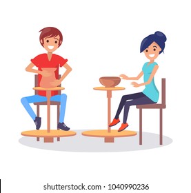 Two joyful artisan, clay masters, creation process, vector illustration with man and woman that are manufacturing clay bowl and pot, potter`s wheel