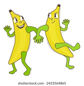 Two joyful bananas dancing. Vector groovy isolated illustration. Retro cartoon.