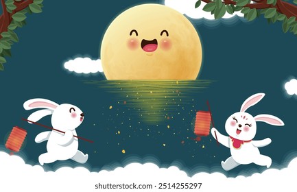 Two joyful bunnies with red lanterns frolic under a large, smiling full moon, whose golden reflection sparkles on the water below.