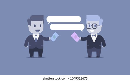 Two joyful businessmen exchange currency. Vector illustration