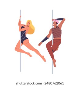 Dos Alegres Personajes De Dibujos Animados Pole Dancing Con Energía Y Entusiasmo. La Ilustración Capta La Esencia De La Forma Física