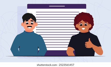 two joyful cartoon characters standing in front of a large illustrated document screen. One character gives a thumbs up, while the other observes with neutral expression.