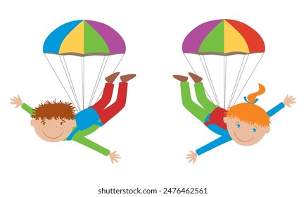 Two joyful cartoon children parachuting in sky, vector colorful illustration isolated on white