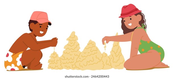 Dos Alegres Niños, Niño Con Gorra Rosa Y Niña Con Sombrero Rojo, Construyen Juntos Un Grande Castillo De Arena En Una Playa Soleada, Mostrando Creatividad, Trabajo En Equipo Y Disfrute. Ilustración vectorial de Personas de dibujos animados