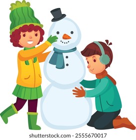 Two joyful children, bundled in colorful winter clothes, happily building a large snowman adorned with a carrot nose, a stylish top hat, and a cozy scarf in the snowy outdoors