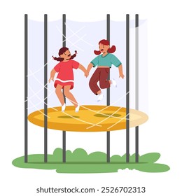Two Joyful Children Enjoy a Sunny Day by Jumping on a Trampoline Outdoors Embracing Playfulness and Friendship. Little Girl Characters Enjoying Outdoor Activities. Cartoon People Vector Illustration