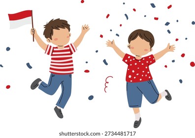 Two joyful children are jumping in the air with a small Indonesian flag and colorful confetti falling around them.