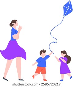 Two joyful children playing with a blue kite while their mother claps her hands, enjoying outdoor leisure time together. Celebrating family moments filled with happiness and love