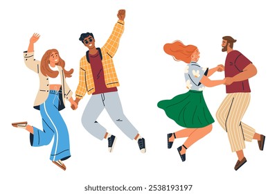 Two joyful couples are either jumping with excitement or dancing together while holding hands. Ideal for themes related to happiness, love, dancing, friendship, and enjoyment. Modern positive style