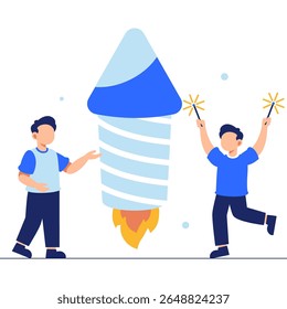 Two joyful friends prepare to launch fireworks, holding sparklers and radiating festive excitement under the night sky.