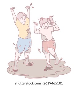 Two joyful kids are having fun splashing in a muddy puddle, showcasing happiness and carefree playfulness