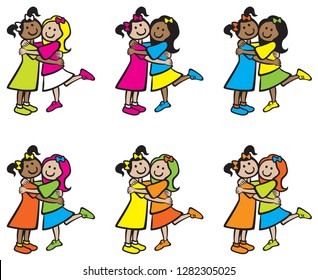 two joyful little girls standing together hugging each other as best friends happy wearing dress and skirt with bows in hair and ponytails multiple repeated colorful vector choices and ethnicity