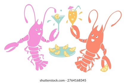 Two joyful lobsters drinking cocktails 