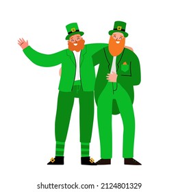 Two joyful men with red beards celebrate St. Patrick's Day. Friends standing in green traditional costumes and hats