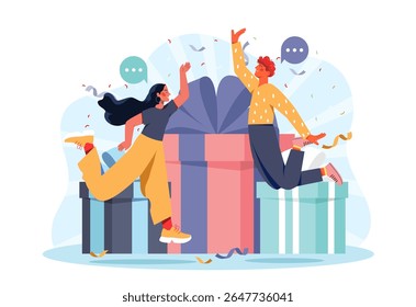 Two joyful people are jumping and high-fiving near large colorful gift boxes, with confetti and speech bubbles on a white background. Concept of celebration. Vector illustration